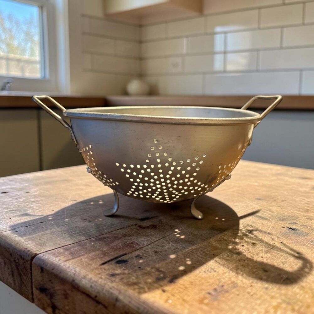 Vintage Aluminum Star Pattern Colander Strainer with Handles and Feet 9 Inch